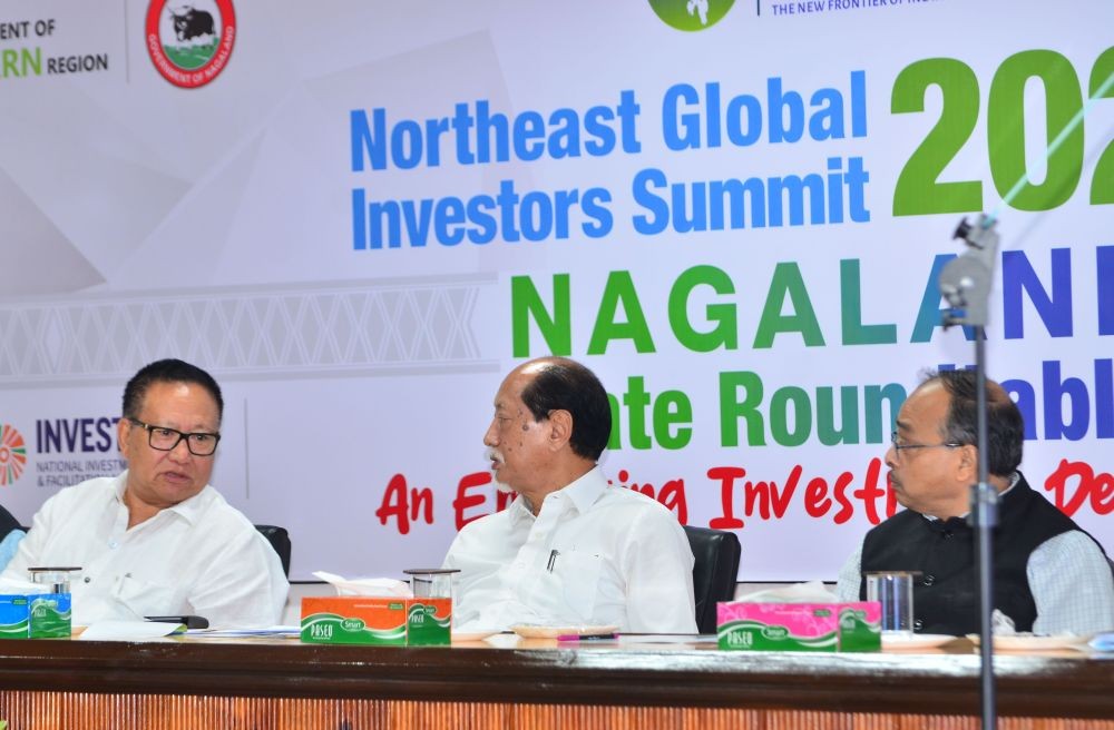 Nagaland Chief Minister Neiphiu Rio addressing the State Round Table of the North East Global Investors Summit, 2023 at Rhododendron Hall, Police Complex, Chümoukedima on June 3. (Morung Photo: Caisii Mao)